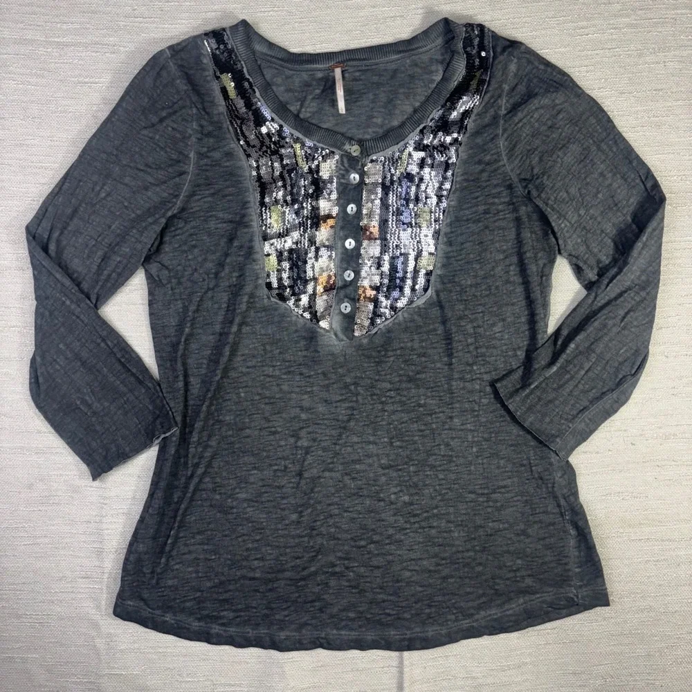 Free People Charcoal Gray Sequin Bib Henley Long Sleeve Burnout Top Large